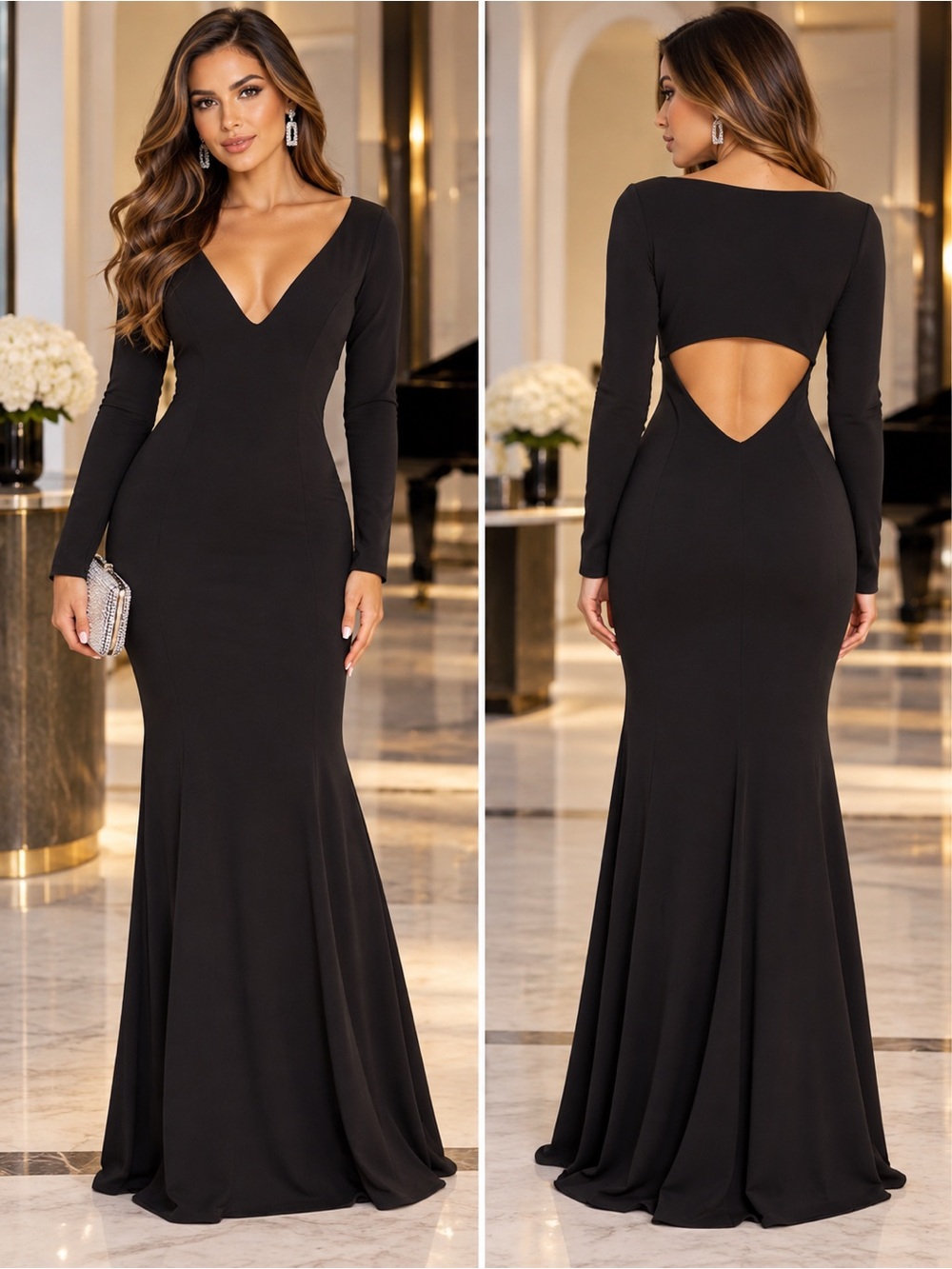 NEW Katie May “Cleo” Long-Sleeve Cutout Back Gown – Black, Size XS